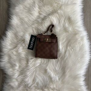 Boohoo Brown Checkered Handbag with Gold Accent
